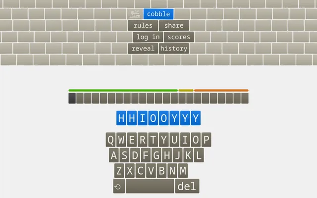 Cobble's board for 19 October 2026: the stone-wall menu, the green, yellow and orange score bar, the day's letters HHIOOYYY in blue tiles and the on-screen keyboard
