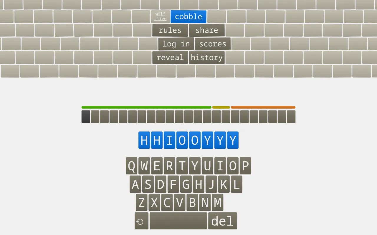 Cobble's board for 19 October 2026: the stone-wall menu, the green, yellow and orange score bar, the day's letters HHIOOYYY in blue tiles and the on-screen keyboard