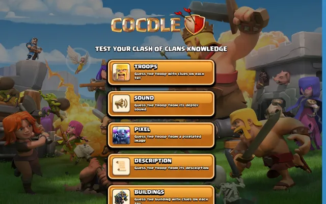 Cocdle menu: Test your Clash of Clans knowledge, with the daily Troops, Sound, Pixel, Description and Buildings modes over Clash of Clans artwork