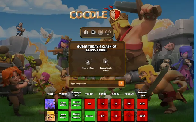 Cocdle Troops board with two guesses, a purple air troop and the Barbarian, their village, damage type, target, range, speed, housing and release year marked green or red against today's troop