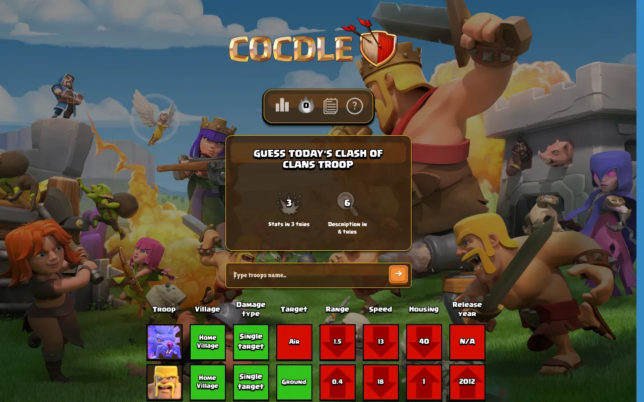 Cocdle Troops board with two guesses, a purple air troop and the Barbarian, their village, damage type, target, range, speed, housing and release year marked green or red against today's troop