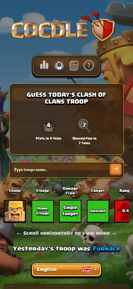 Cocdle Troops at phone size: a Barbarian guess in the grid, which scrolls sideways, and the line Yesterday's troop was Furnace