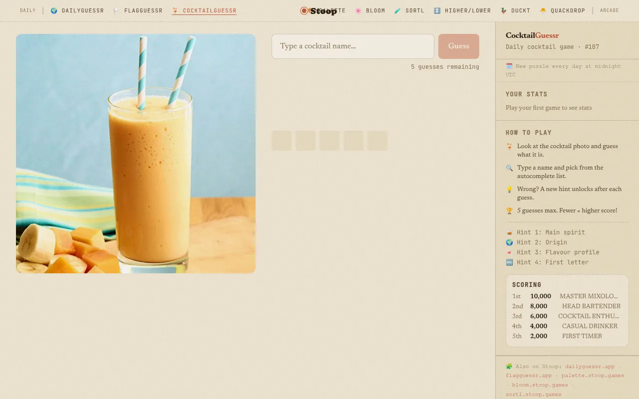 CocktailGuessr #107: a photo of a creamy orange drink with two striped straws, the guess box and five empty guess slots