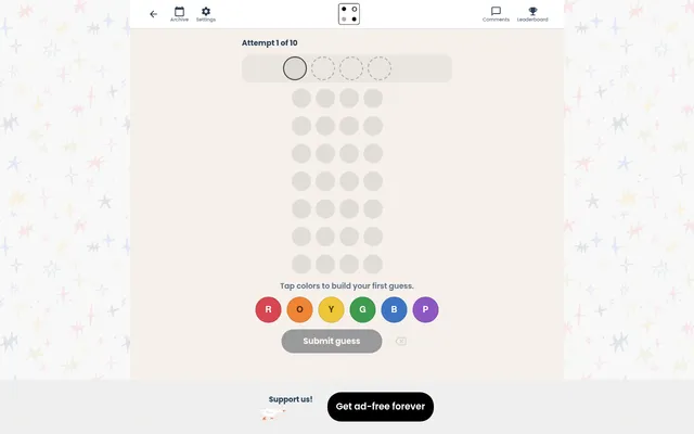 Ponder Club Code Breaker at Attempt 1 of 10: an empty four-slot guess row above rows of grey pegs, and the six colour buttons R, O, Y, G, B and P with Submit guess