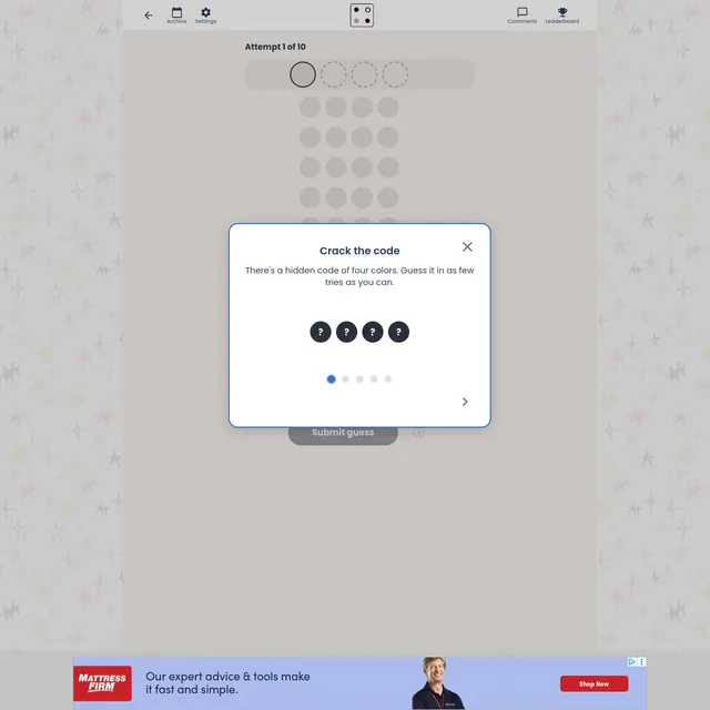 Ponder Club Code Breaker: a four-slot guess row reading Attempt 1 of 10 above a grid of guess rows, with a Crack the code tutorial panel explaining there is a hidden code of four colors to guess in as