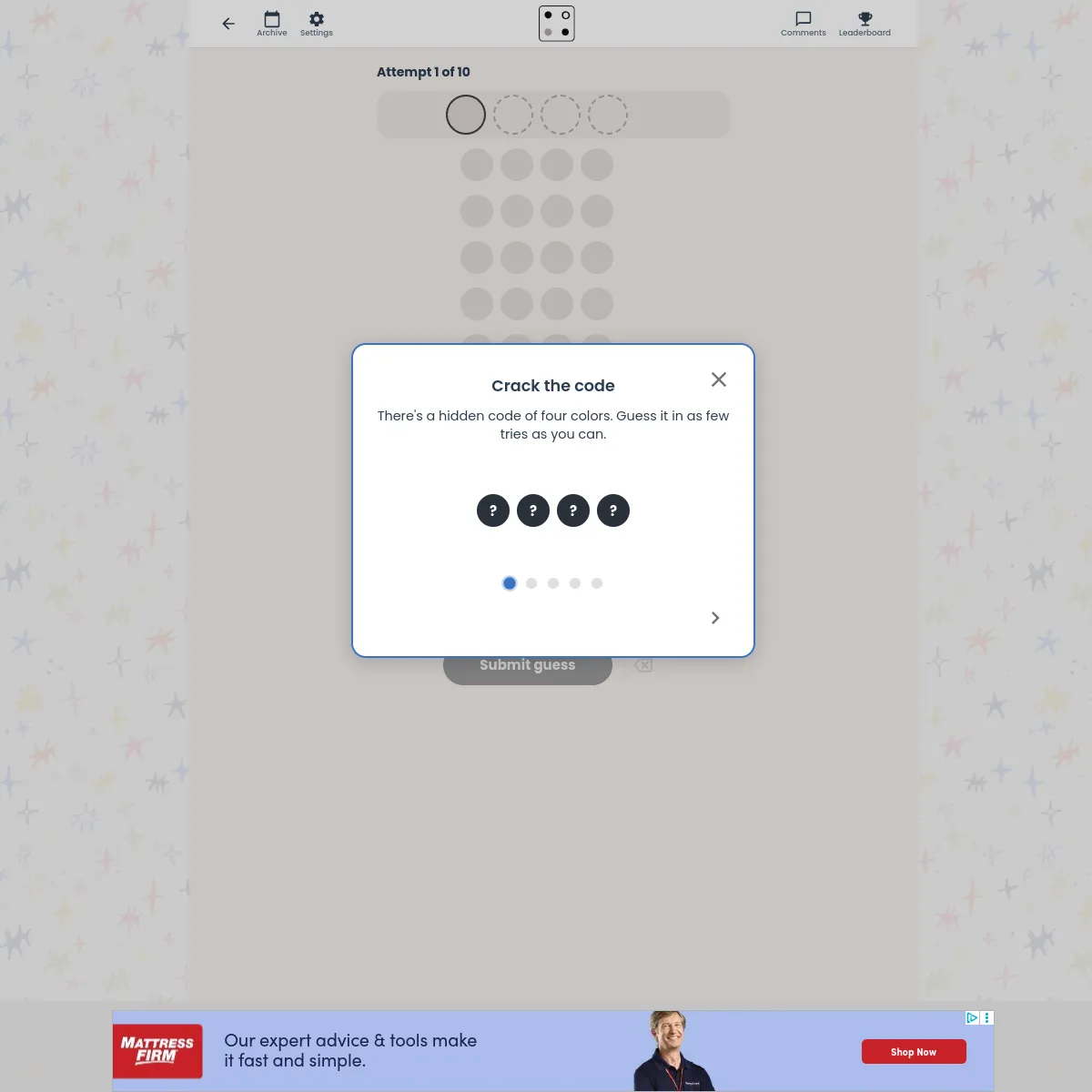 Ponder Club Code Breaker: a four-slot guess row reading Attempt 1 of 10 above a grid of guess rows, with a Crack the code tutorial panel explaining there is a hidden code of four colors to guess in as