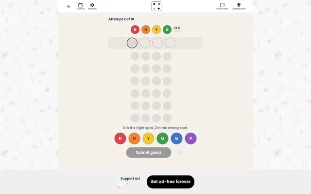 Code Breaker on Ponder Club after a first guess of red, orange, yellow and green, answered 0 in the right spot and 2 in the wrong spot, at Attempt 2 of 10