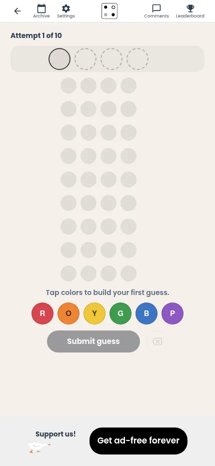 Code Breaker at phone size: the empty four-slot guess row, ten rows of pegs and the six colour buttons R, O, Y, G, B and P
