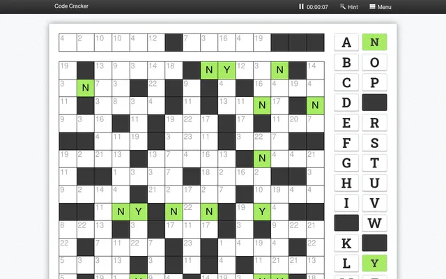 Code Cracker for 7 October 2026: the mystery-answer strip of numbered squares above a numbered codeword grid with the given letters N and Y filled in green, and the A to Z letter board beside it