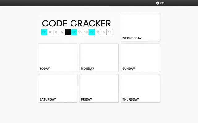 The Code Cracker player: its logo spelled over numbered code tiles, and tiles for today and each of the previous six days