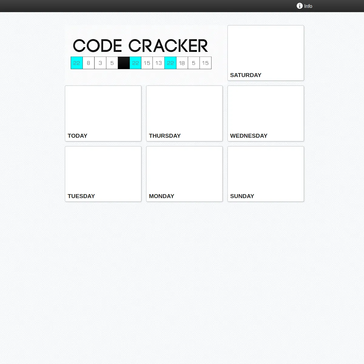 The Code Cracker player with its logo and tiles for today and each of the previous six days
