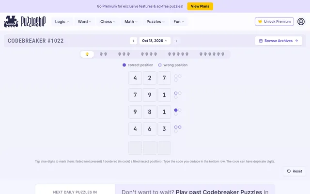 Codebreaker #1022 on Oct 18, 2026, very easy: four scored rows of three digits with peg scores and the empty answer row below