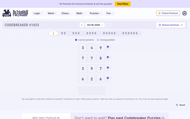 Codebreaker #1023 for Oct 19, 2026, very easy: four scored rows of three digits with peg scores and the empty answer row below