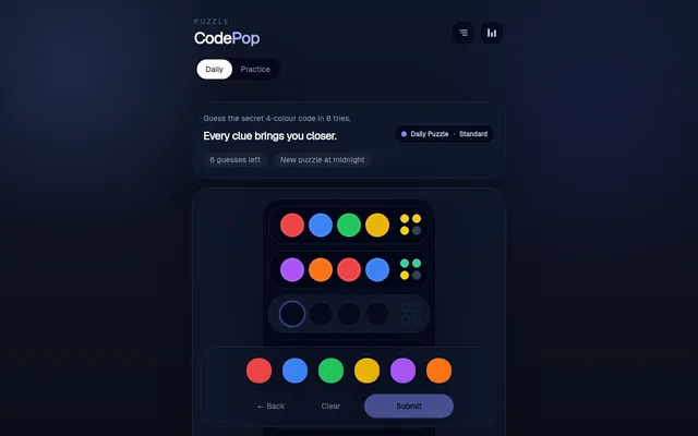 CodePop's daily board on desktop after two guesses, with green and yellow hint pegs beside each row and the six colour buttons below