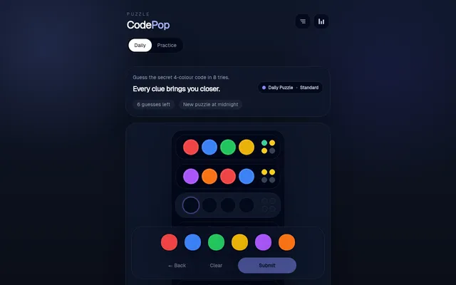 CodePop's daily Standard board on desktop on 27 October 2026 after two guesses, green and yellow hint pegs beside each row and the six colour buttons below