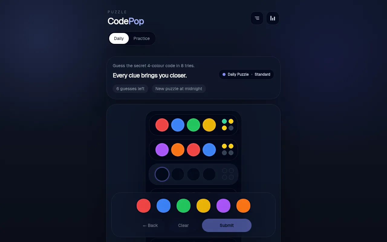 CodePop's daily Standard board on desktop on 27 October 2026 after two guesses, green and yellow hint pegs beside each row and the six colour buttons below