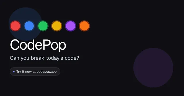 CodePop title card with six coloured pegs and the line Can you break today's code?