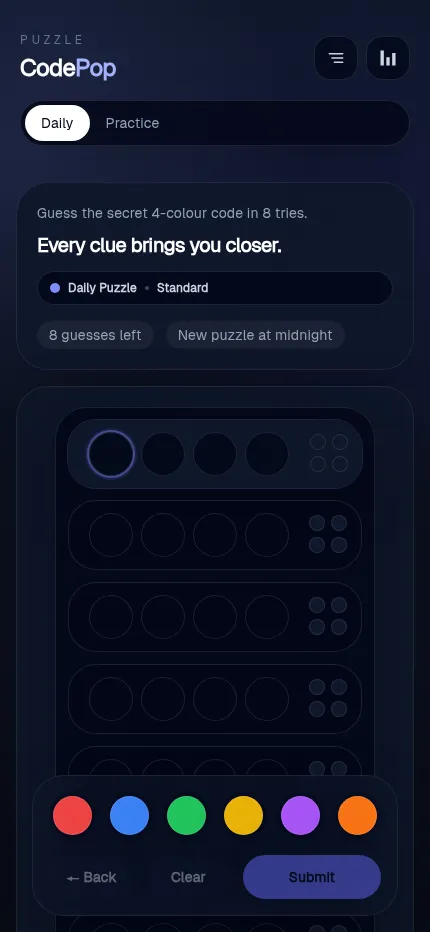 CodePop's empty daily board at phone size, eight guess rows with the six colours, Back, Clear and Submit at the bottom