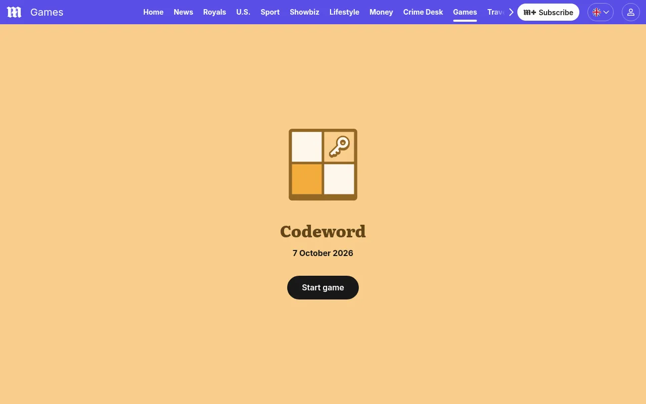 The Codeword start screen on the Daily Mail games page: the game's key icon, its name, the date 7 October 2026 and a Start game button