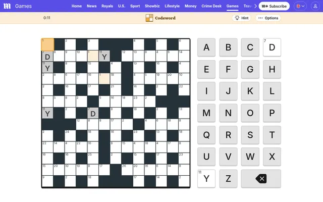 The Daily Mail Codeword for 7 October 2026: a 13x13 grid of numbered squares with D (7) and Y (11) given, and an A to Z letter keyboard beside it