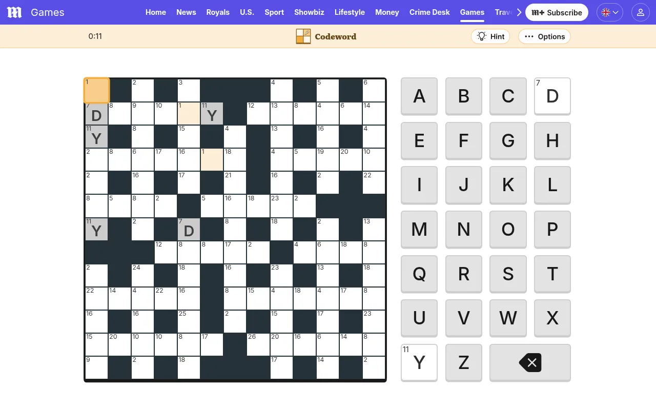 The Daily Mail Codeword for 7 October 2026: a 13x13 grid of numbered squares with D (7) and Y (11) given, and an A to Z letter keyboard beside it