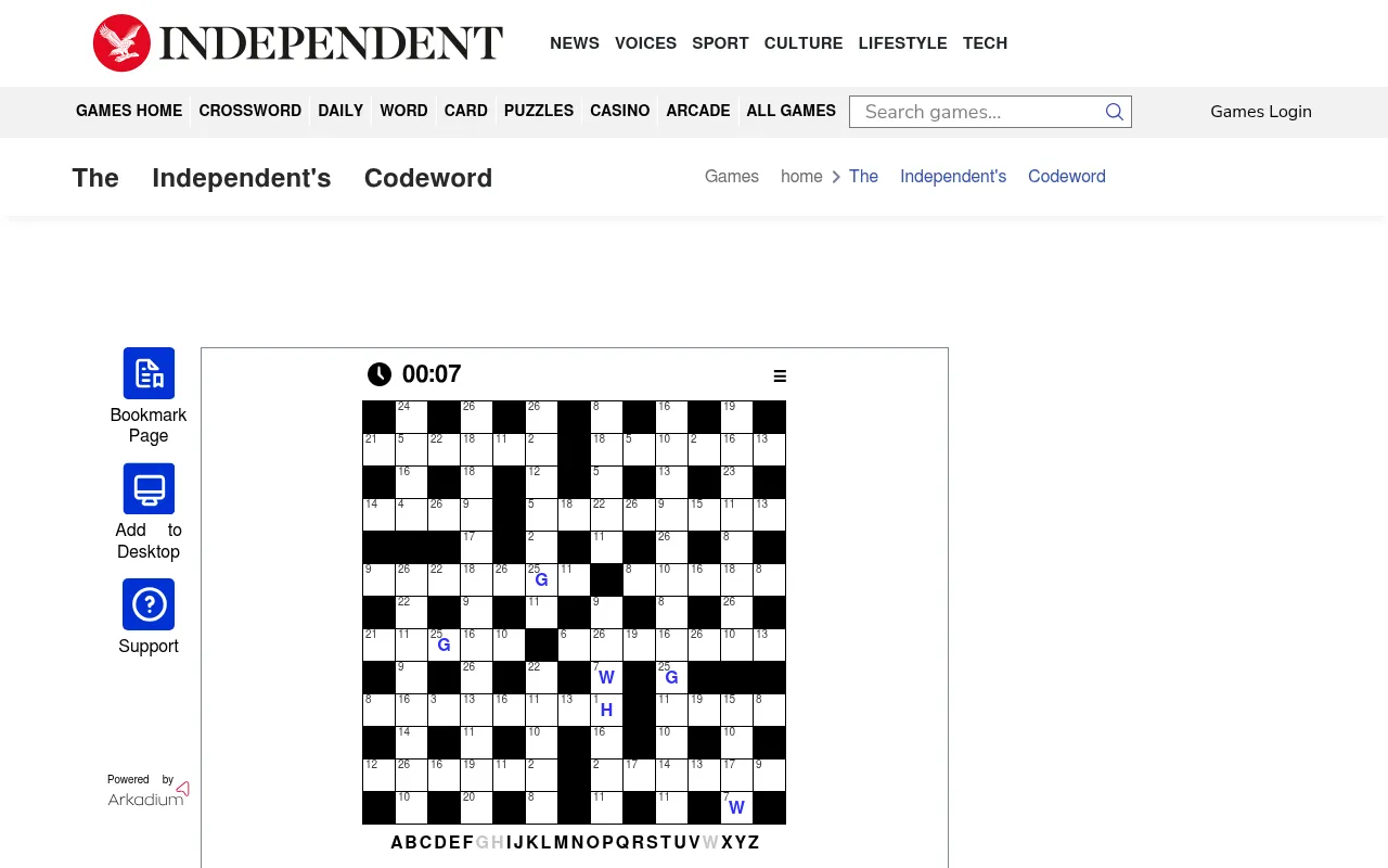 Today's Independent Codeword on desktop: a 13x13 numbered grid with the given letters G, W and H filled in, a timer above and the alphabet row below