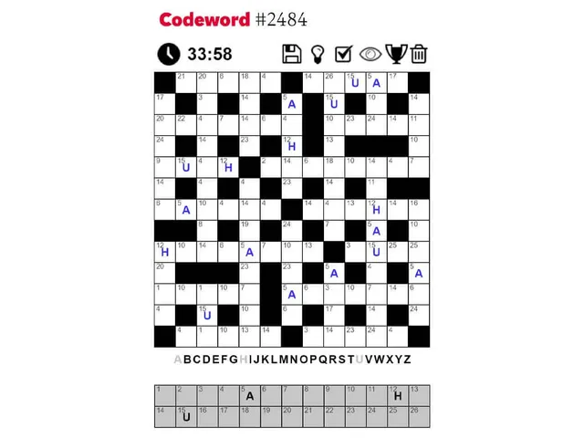 Codeword #2484 in progress: a 13x13 numbered grid with a few letters filled in, a timer and a number-to-letter key below