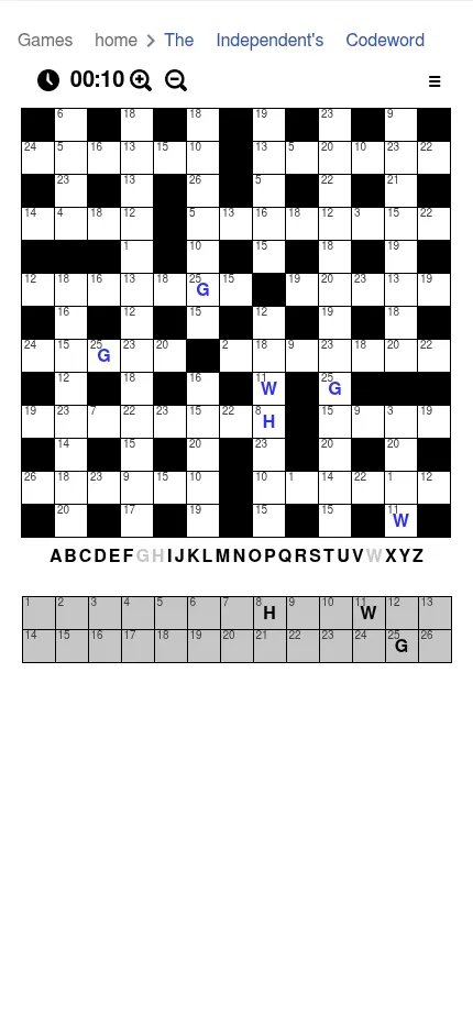 The same day's Codeword at phone size: the numbered grid across the screen, zoom buttons and a number-to-letter key underneath