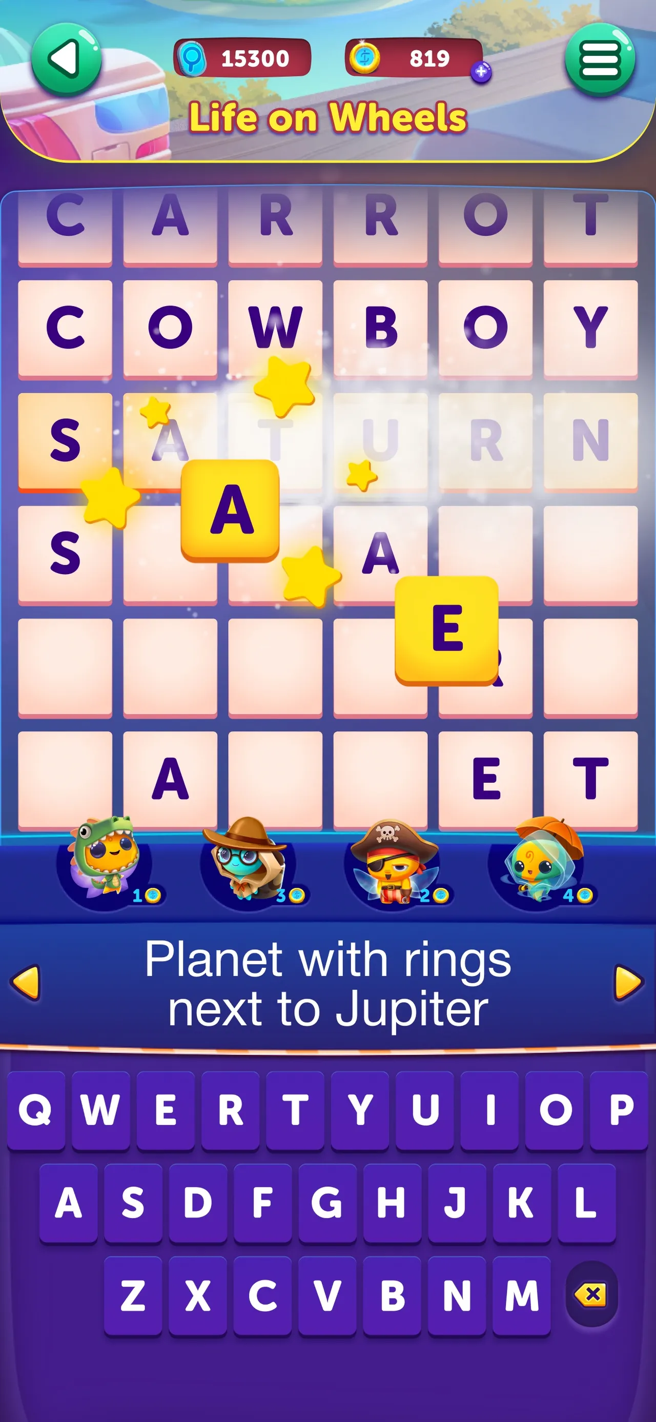 CodyCross crossword titled Life on Wheels, with the clue Planet with rings next to Jupiter and the on-screen keyboard