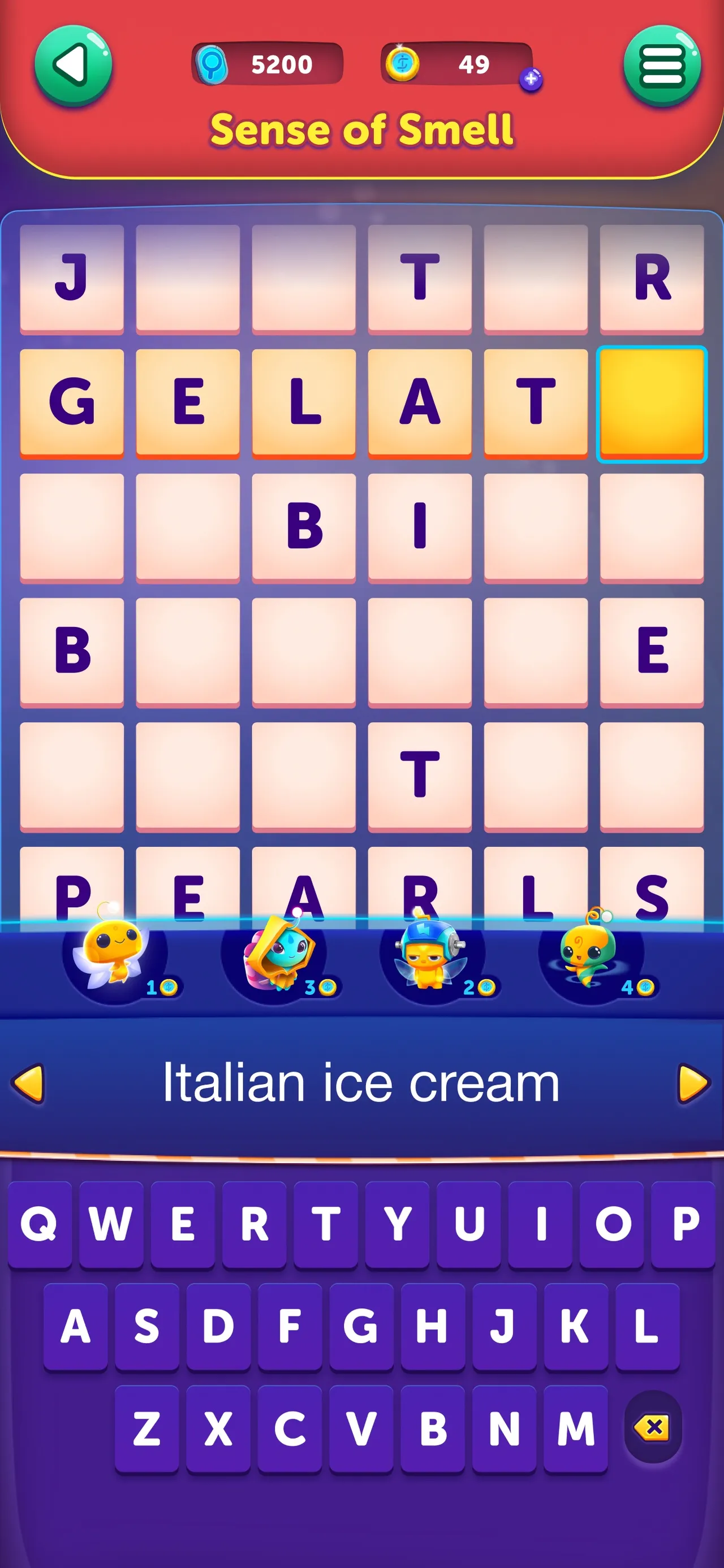 CodyCross crossword titled Sense of Smell, with the clue Italian ice cream and GELATO being typed