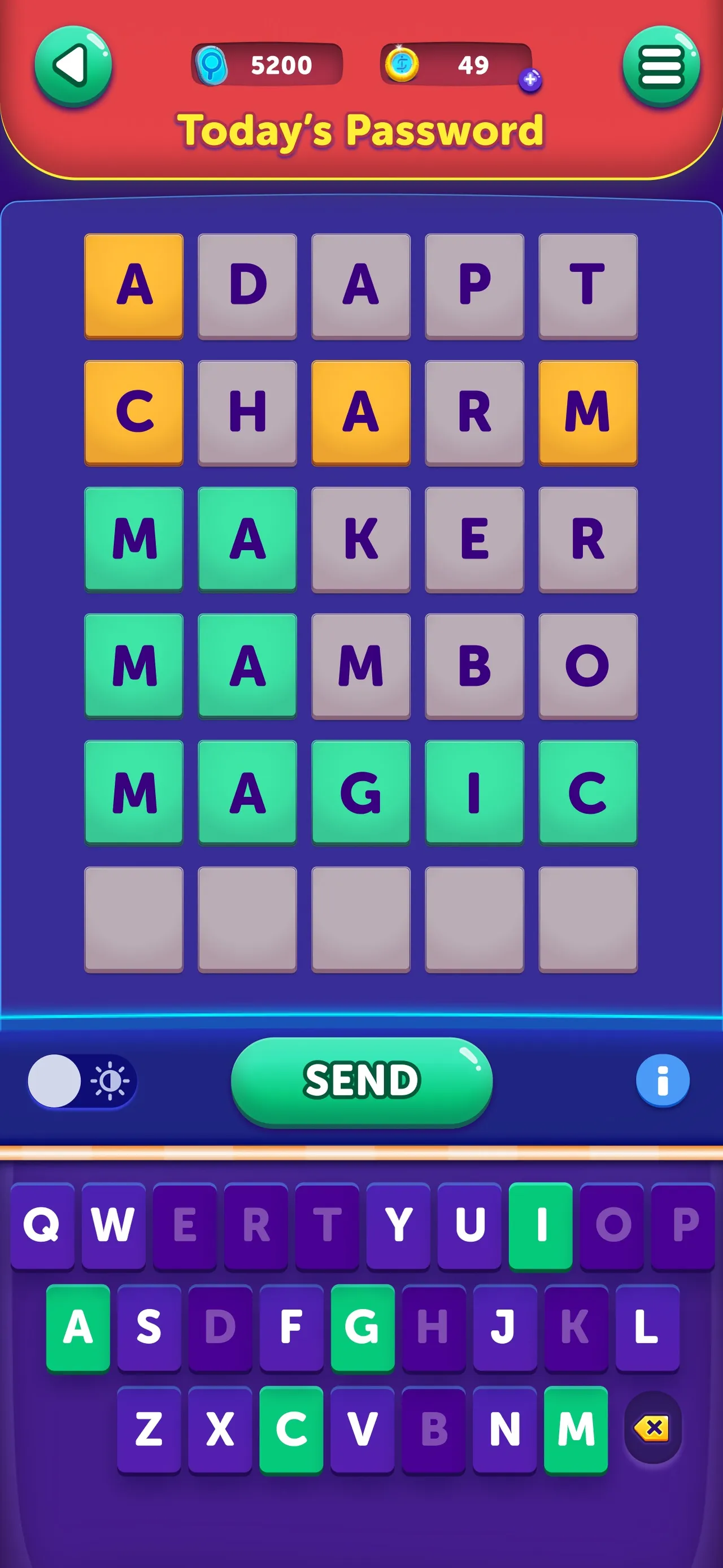 CodyCross Today's Password, a daily five-letter word guess with coloured rows and a keyboard