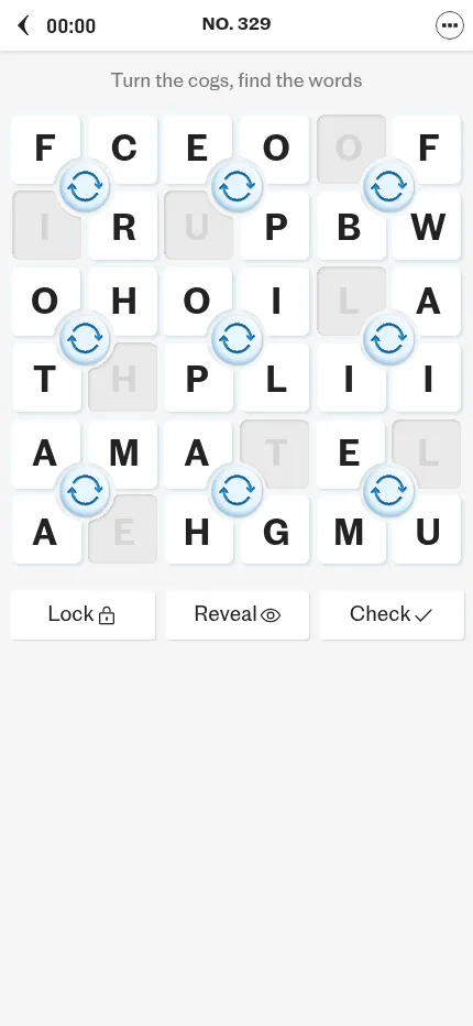 Mini Cogs No. 329 on a phone: the letter grid with its cogs fills the screen above Lock, Reveal and Check