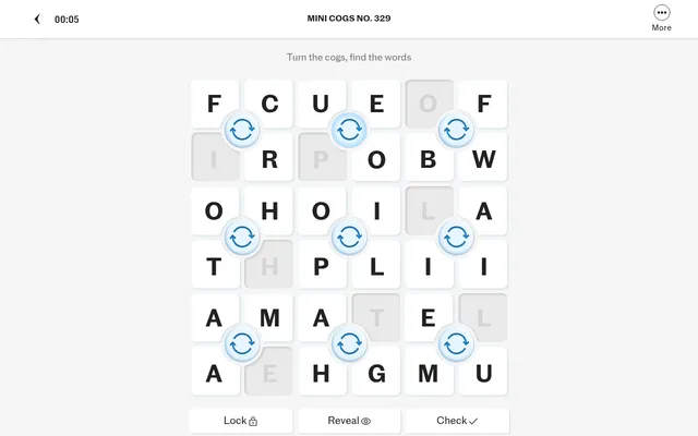 Today's Mini Cogs No. 329 at cogs.gg on a desktop: a six by six letter grid with nine blue cogs, grey filler squares, and Lock, Reveal and Check buttons