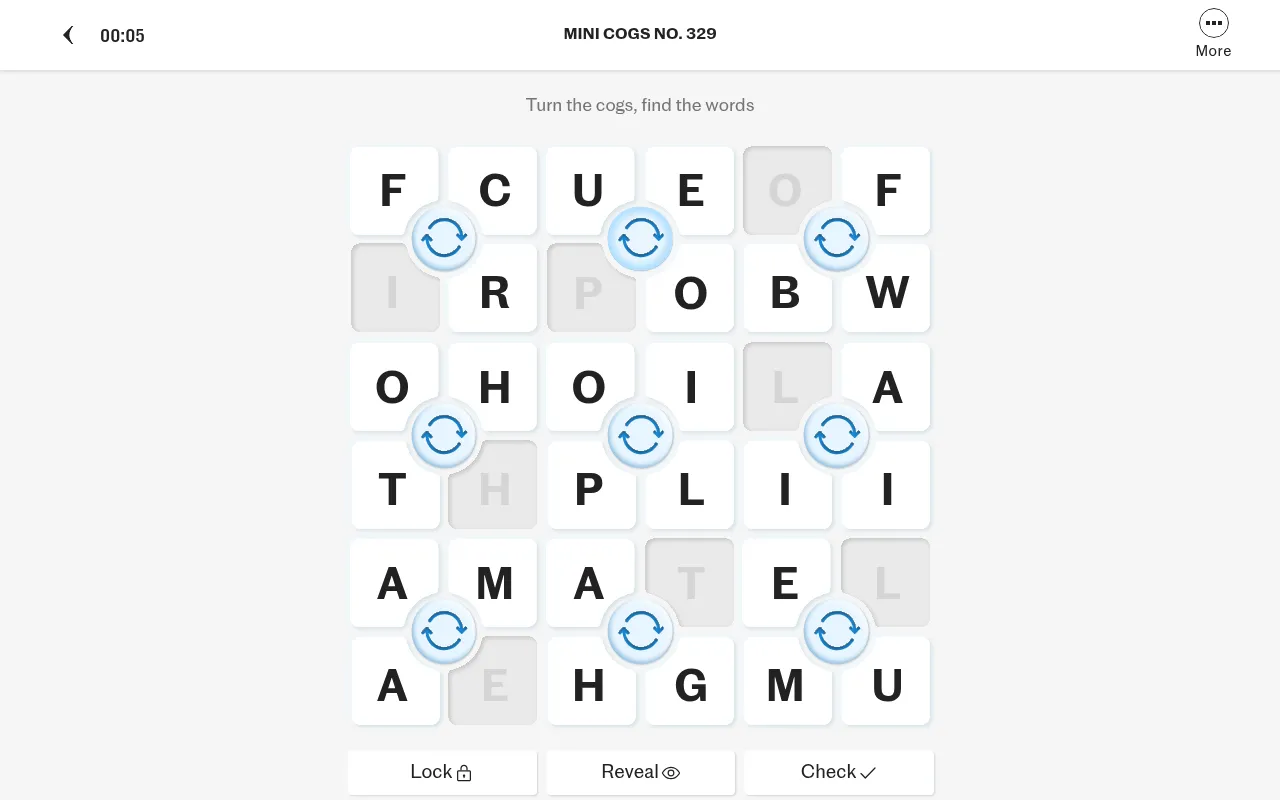 Today's Mini Cogs No. 329 at cogs.gg on a desktop: a six by six letter grid with nine blue cogs, grey filler squares, and Lock, Reveal and Check buttons