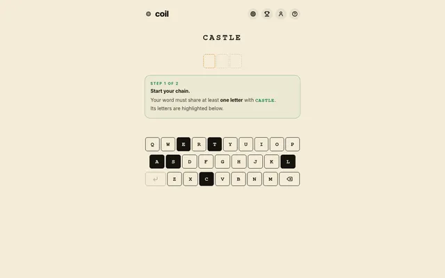 Coil's board for 7 October 2026: the seed word CASTLE, three empty letter boxes for your first word, and a keyboard with C, A, S, T, L and E highlighted
