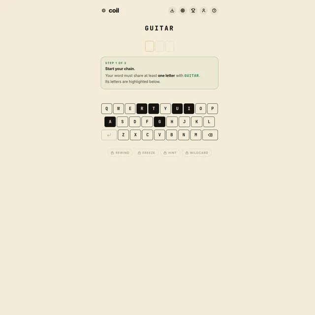 Coil start screen with the seed word GUITAR, the first step instructions and a keyboard with the shared letters highlighted