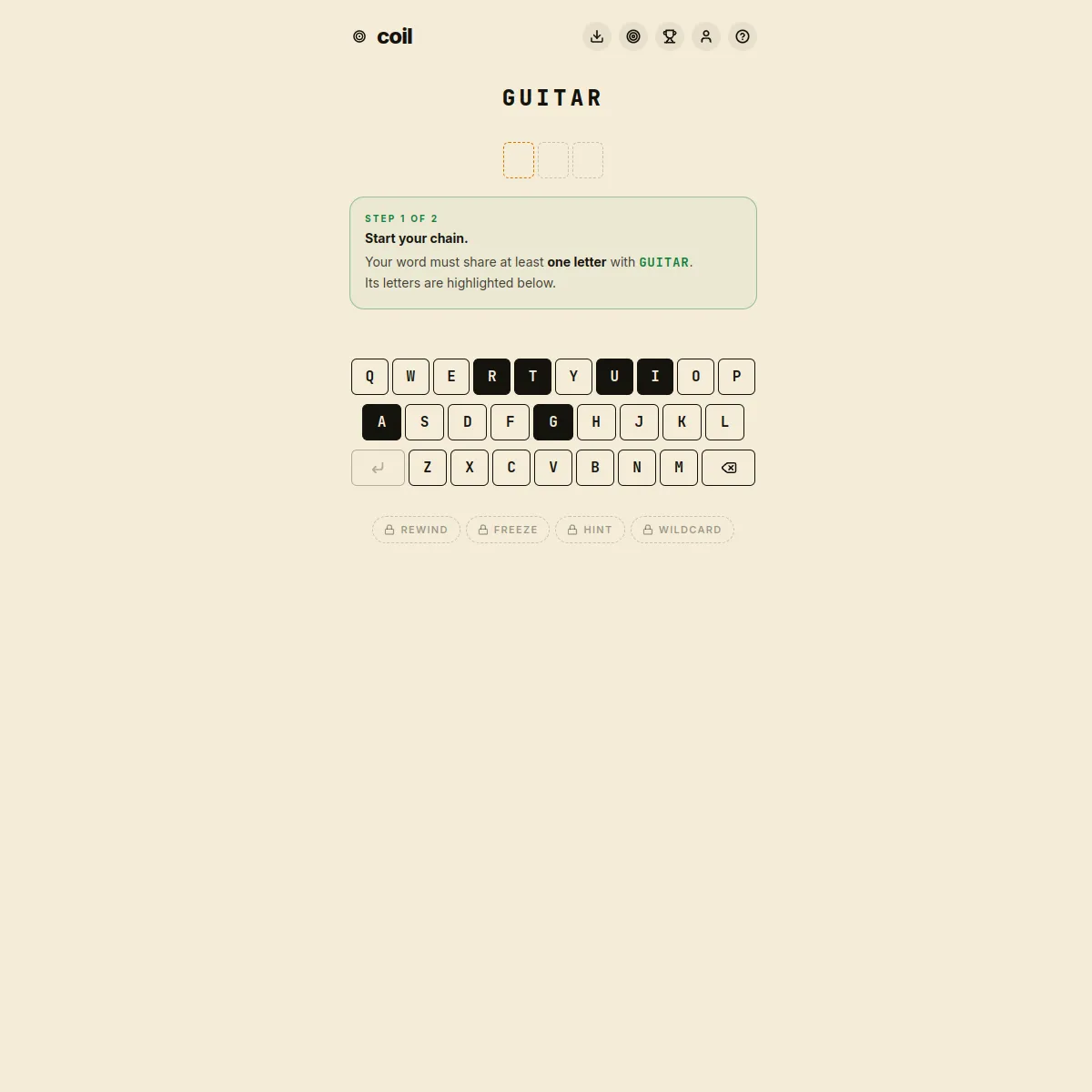 Coil start screen with the seed word GUITAR, the first step instructions and a keyboard with the shared letters highlighted