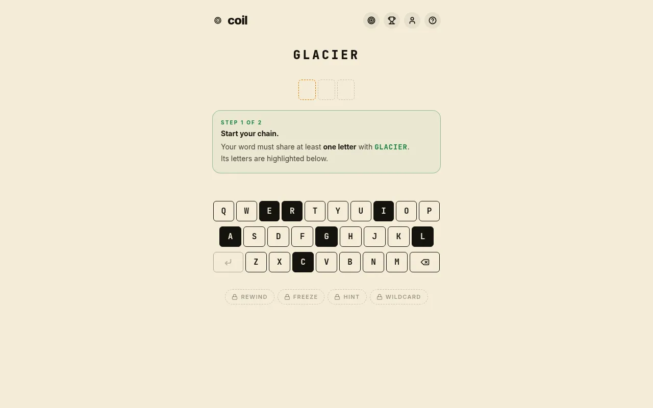 Coil's desktop board for 28 October 2026: the seed word GLACIER, empty letter boxes for the first word, and a keyboard with the seed's letters marked