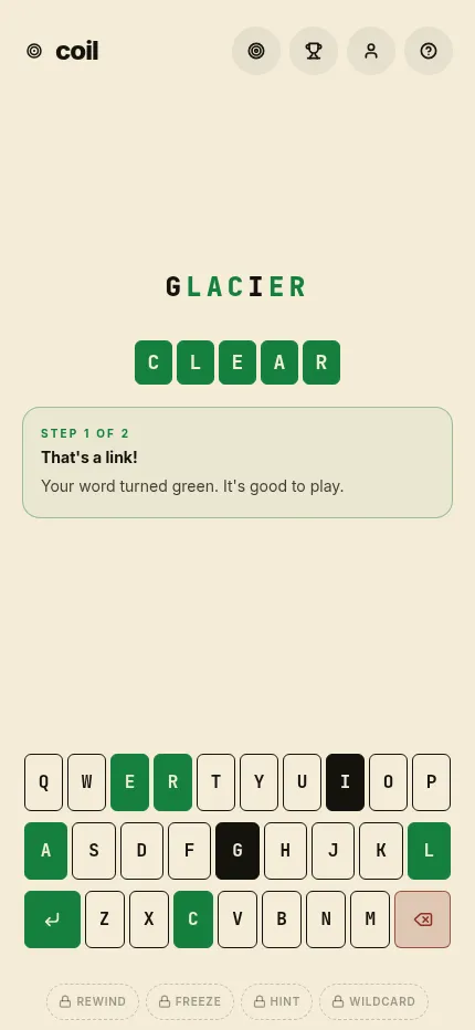 Coil on a phone, 28 October 2026: the seed word GLACIER with CLEAR typed in green boxes as a playable first link, above the keyboard with the shared letters highlighted