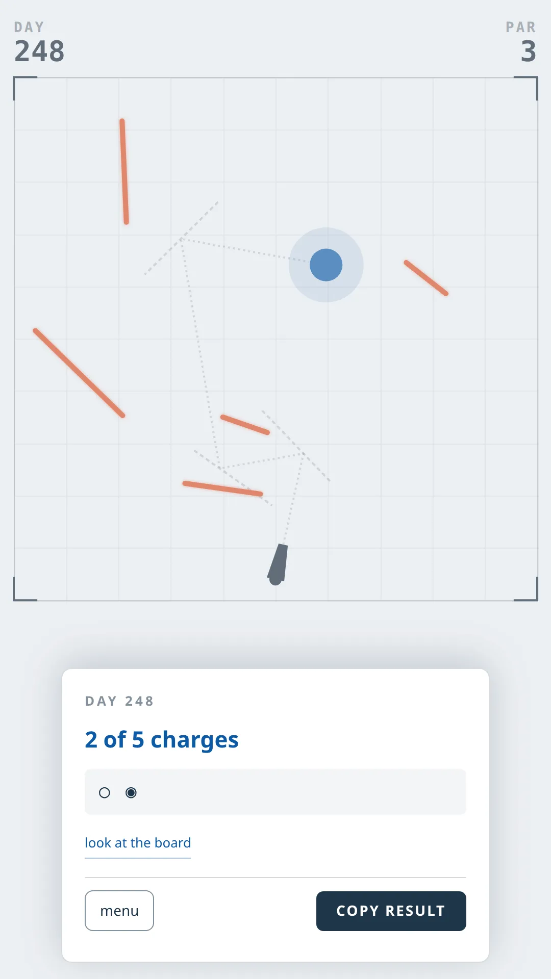 Coldshot day 248 solved in 2 of 5 charges, with the shot's dotted path on the board and a Copy result button