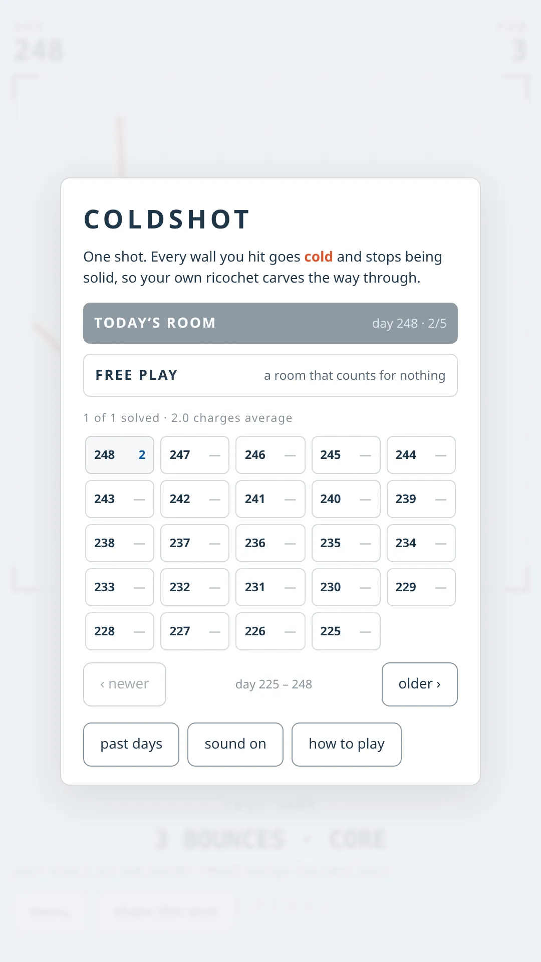 Coldshot menu with Today's Room, Free Play and an archive grid of days 225 to 248