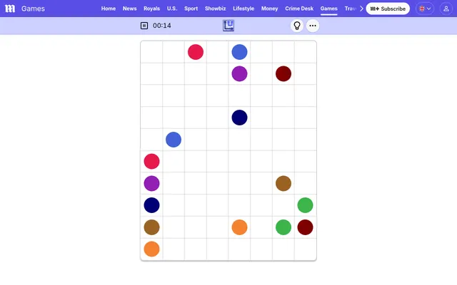 Daily Mail Colour Connect for 7 October 2026 in play: an 8 by 10 grid with pairs of coloured dots, red, blue, purple, navy, brown, orange, green and maroon, waiting to be joined