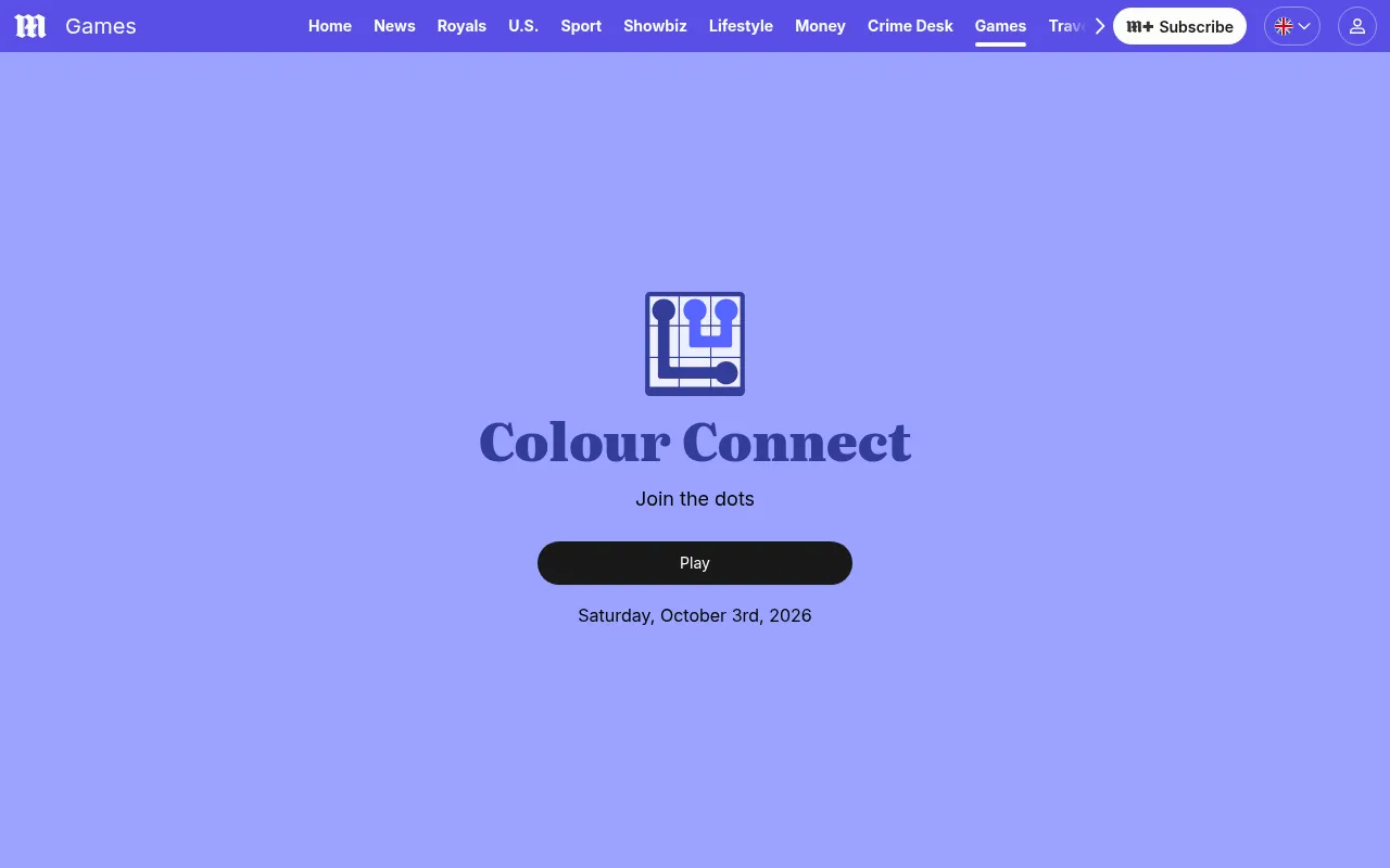 The Colour Connect start screen on the Daily Mail games page: the game's own icon and name, the date 3 October 2026 and a button to start the day's puzzle