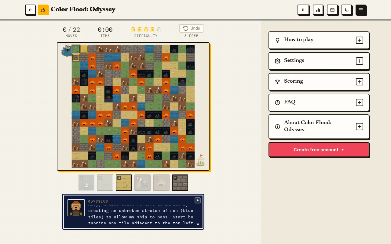 Color Flood: Odyssey on Greatest Games: the day's map of sea, grass, sand, mountain, fire and stone tiles, a ship at the top left and a temple at the bottom right, 0 of 22 moves used, with six tile co