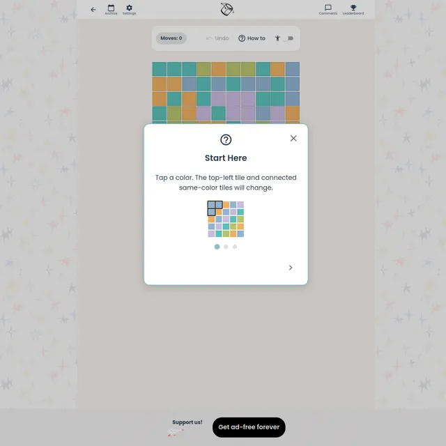 Color Flood board of coloured tiles with the Start Here guide: tap a colour and the top-left tile and connected tiles change