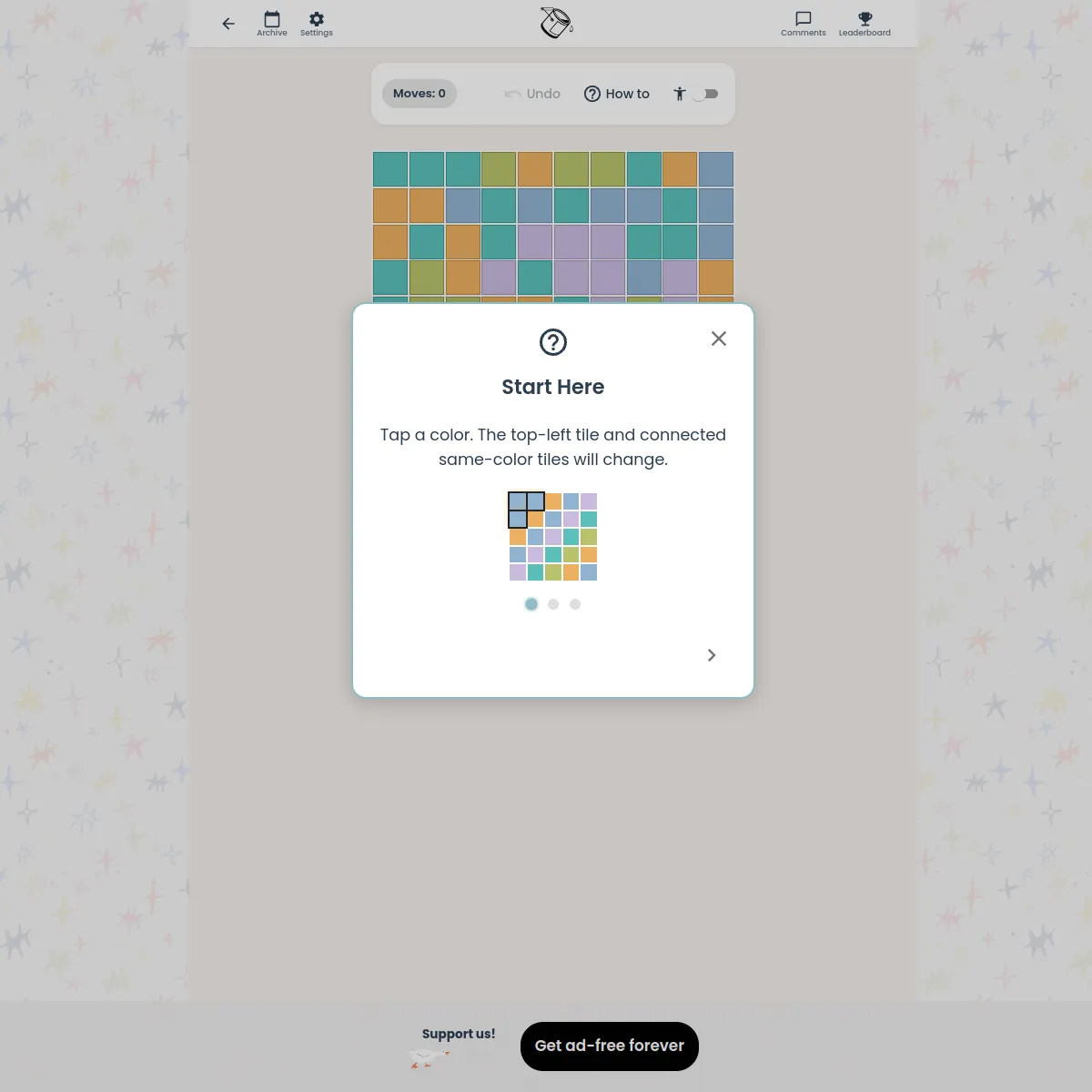 Color Flood board of coloured tiles with the Start Here guide: tap a colour and the top-left tile and connected tiles change