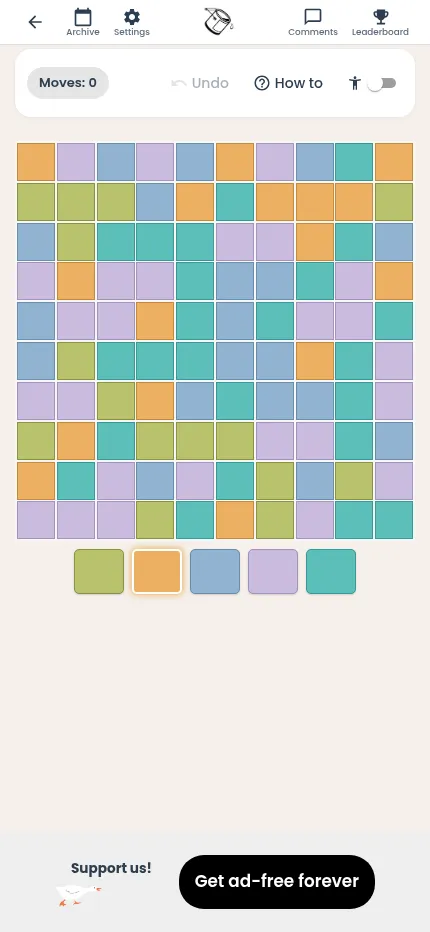 Color Flood's board for 18 October 2026 at phone size: a 10 by 10 grid of orange, lilac, blue, green and teal tiles above five colour buttons, moves at zero