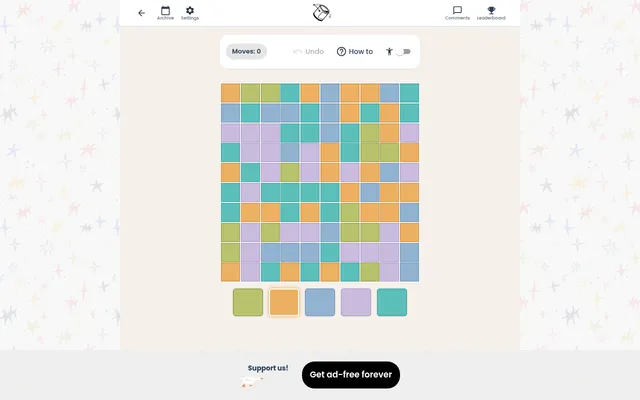 Color Flood's daily board on Ponder Club: a 10 by 10 grid of green, orange, blue, lilac and teal tiles with the five colour buttons below and a move counter at zero