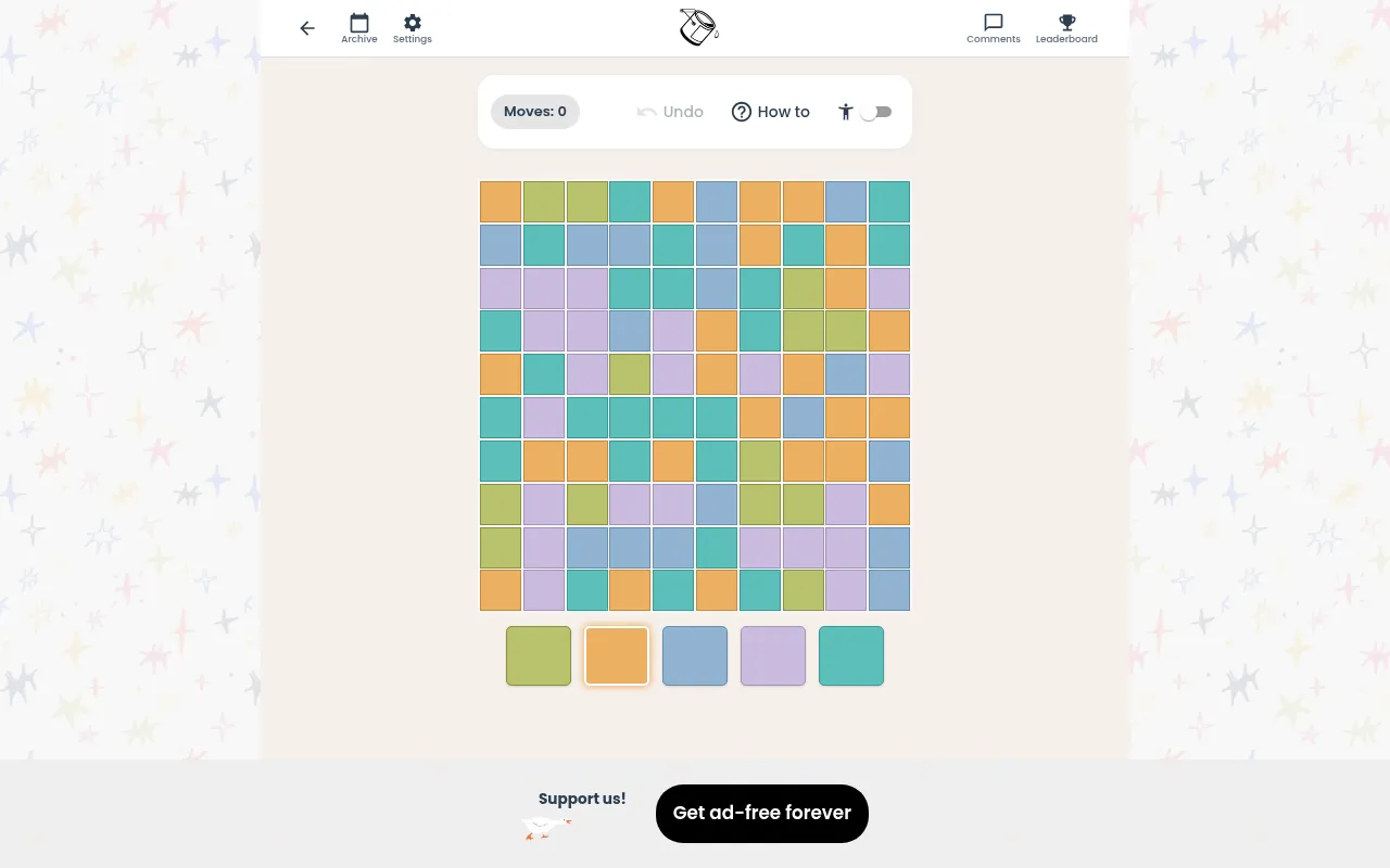 Color Flood's daily board on Ponder Club at desktop size: a 10 by 10 grid of green, orange, blue, lilac and teal tiles with the five colour buttons below and a move counter at zero