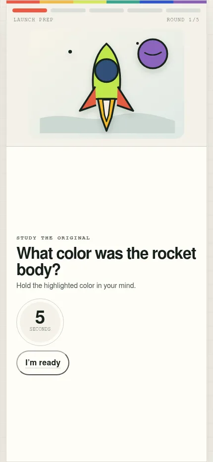 The same daily round at phone size: the rocket scene on top, the question What color was the rocket body and the countdown below